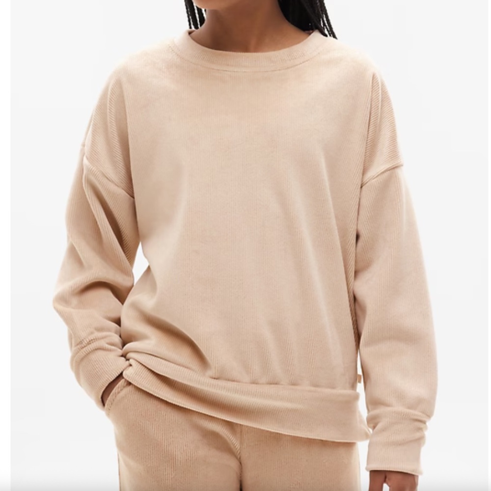 Athleta Girl Double Cozy Rib Cya Crewneck Top, Size M (8-10), Beige, NWT